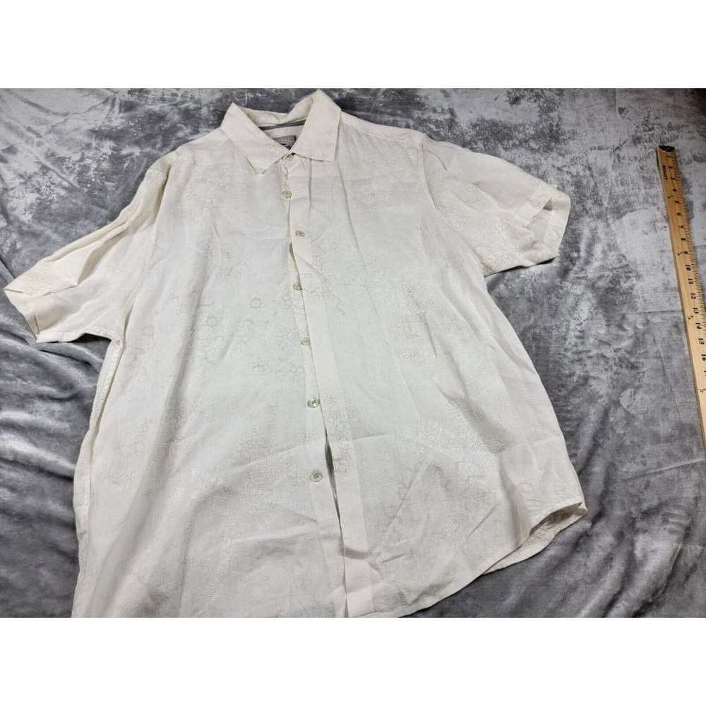Tommy Bahama Denim 100% Linen Shirt Mens XL White Button Up, embroidered